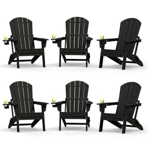 Image of Plawdlik Folding Adirondack Chair Set of 6, Cup Holder，Wooden Textured ，Heavy All-Weather HDPE Comfortable Set Poolside Backyard Lawn, Black