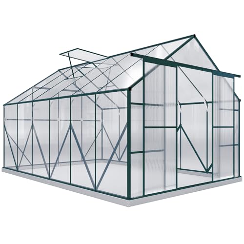 Image of Outsunny 8 x 12ft Aluminium Greenhouse Polycarbonate Walk in Garden Greenhouse Kit with Adjustable Roof Vent, Rain Gutter, Double Sliding Door and Foundation - Clear