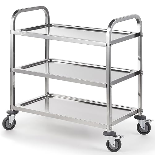 CURTA Stainless Steel Serving Trolley, 34" L x 18" W x 36" H 3 Tiered Shelf Kitchen Utility Cart, Rolling Casters Brake Wheel, Commercial Pro for Restaurant/Hotel/Lab/Clinic/Salon/Workshop