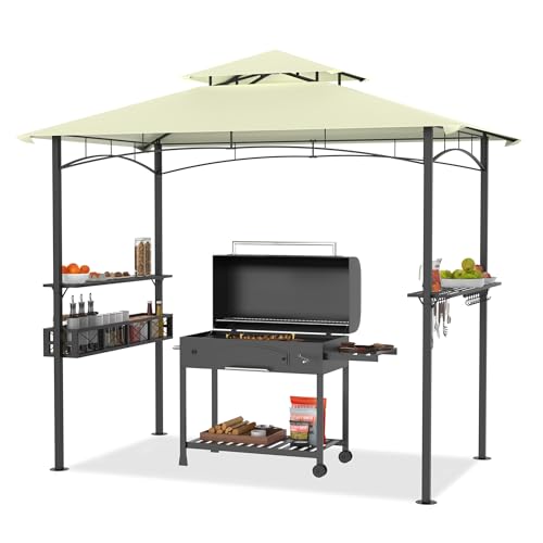 PEILU Tonnelle de barbecue - 245 x 153 cm - Auvent de barbecue autoportant - Résistant aux intempéries - Avec protection solaire - Double toit, étagères et paniers de rangement - Pour jardin et plage