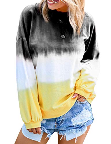 Dresswel Women's Casual Crew Neck Long Sleeve Gradient Contrast Color-Block Pullover Tie Dye Blouse Tops Loose Sweatshirts