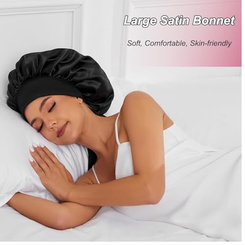Image of Silk Bonnet for Hair with 3 Scrunchies, Adjustable Hair Cap for Sleeping, Bonnet for Curly Hair with Wide Elastic Tie Band