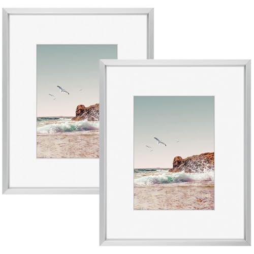 Frametory, 8x10 Metal Picture Frame with Mat for 5x7 Picture & Real Glass, Aluminum Photo Frame Collection (Silver, 2 Pack)
