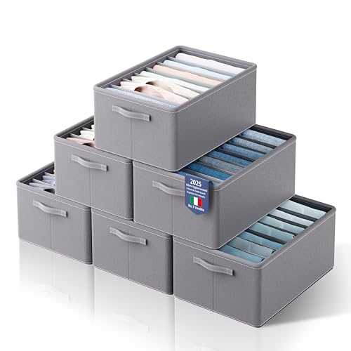 YOYIKKO 6 Pezzi Grandi Organizer per Armadio Vestiti 7 Scomparti, Cestelli Portaoggetti Impilabili, Contenitori per Vestiti Guardaroba per Maglioni, Magliette, Felpe Con Cappuccio (Grigio120)