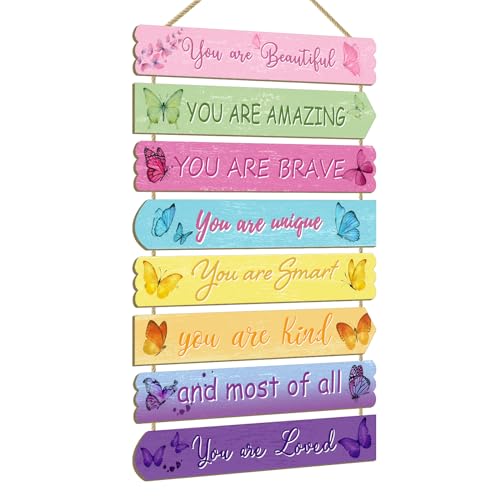 Image of Easozoom Girls Room Decor For Teen Girls Kids Butterfly Boho Rainbow Unicorn Elephant Affirmation Wall Decor Art Little Girl Toddler Baby Princess Nursery Pink Room Wood Signs decorations, Butterfly