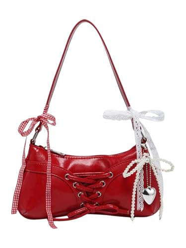 Image of Verdusa Women's Y2K Purse Coquette Bow Tie Vintage Shoulder Bags Lace PU Leather Kawaii Handbag