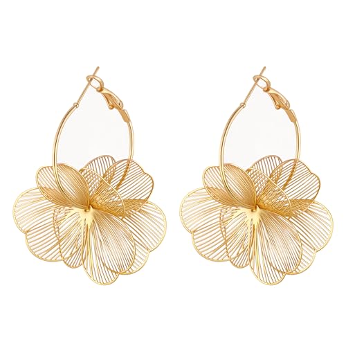 Dangle Flower Earrings for Women Statement Trendy Hoop Earring Floral Drop Earrings Jewelry (Gold)