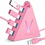 JoyReken 4-Port USB 3.0 Hub, FlyingVHUB Vertical Data USB Hub with 2 ft Extended Cable, for Mac, PC, Xbox One, PS4, PS5, iMac, Surface Pro, XPS, Laptop, Desktop, Flash Drive, Mobile HDD(Pink)