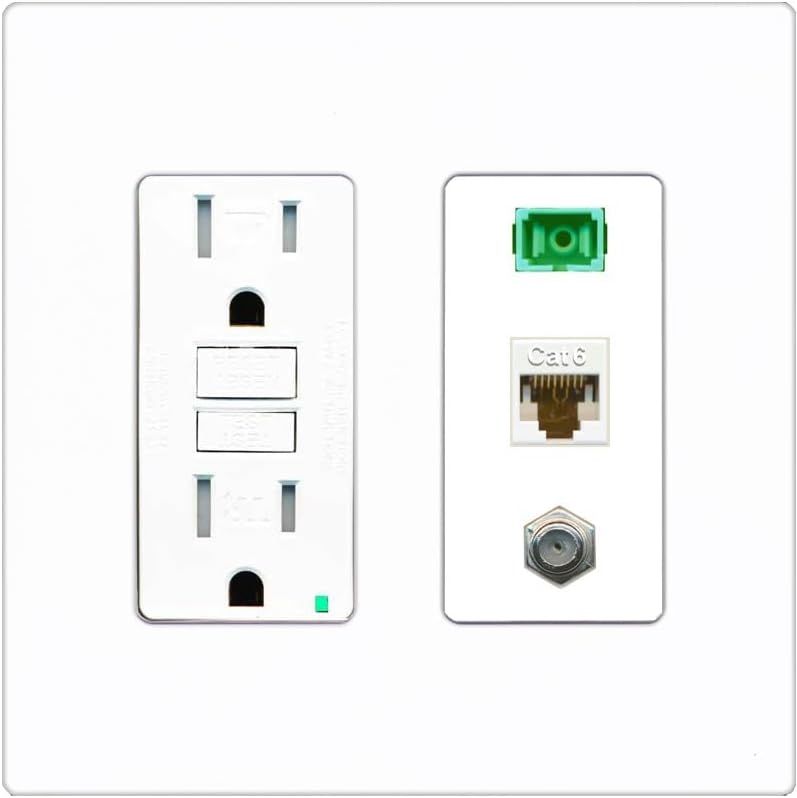 RiteAV 1 Port Fiber Optic Jack SC Simplex APC + Cat6 + Coax Wall Plate - GFCI Outlet [Black/White]
