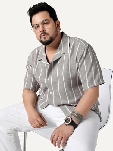 Image of Urbano Plus Men's Cotton Half Sleeve Relaxed Fit Linen Striped Shirt with Cuban Collar
