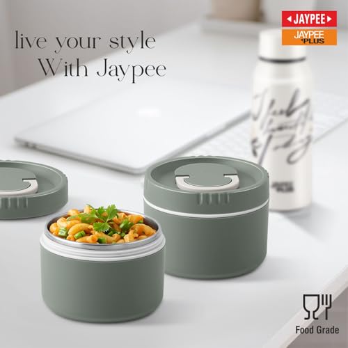 Image of Jaypee Plus Snackpac Sr. Airtight Leakproof Container 500 ml Lunch Box for School, Office, Ideal for Snacks and Meal, Keeps Food Hot & Fresh Inner Stainless Steel Easy to Carry Handle, Greenish Green