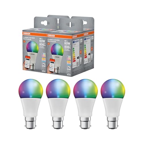 OSRAM SMART+ RGBW, lámpara LED B22d con Matter over Wifi, especialmente diseñada para ALEXA - configuración fácil con un clic, reemplaza 60W, 2700-6500K, 16 millones de colores RGB, paquete de 4