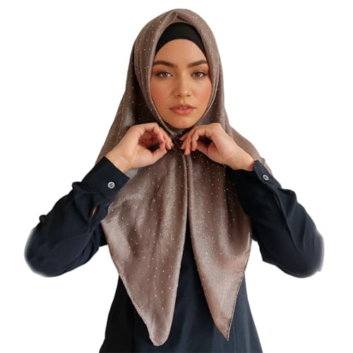 Silky Satin Square Hijab Scarf for Women Sparkly Rhinestone Muslim Hijab Head Wrap Bandanas Headscarf