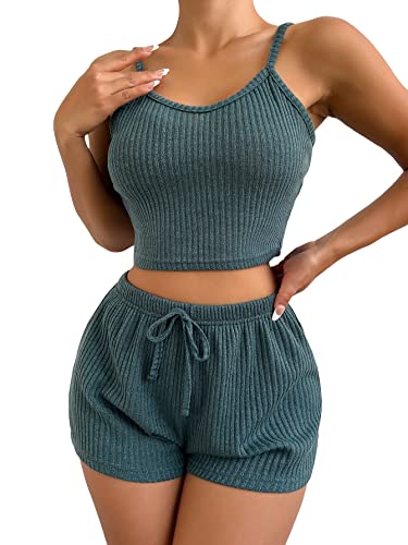 Soly Hux Women's Ribbed Knit Cami Top And Tie Front Shorts Pajama Set Sleepwear Mint Green M #TOP23