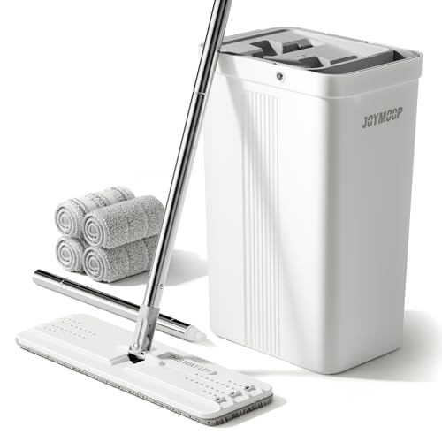 JOYMOOP Wischmopp und Eimer mit Auswringer-Set, Weiß Flach Squeeze Mop Eimer Set für Bodenreinigung, Nass Trocken Mop für Wandreiniger mit langem Griff, Hartholz-Bodenwischer mit 4 Mikrofasertüchern JOYMOOP Wischmopp und Eimer mit Auswringer-Set, Weiß Flach Squeeze Mop Eimer Set für Bodenreinigung, Nass Trocken Mop für Wandreiniger mit langem Griff, Hartholz-Bodenwischer mit 4 Mikrofasertüchern