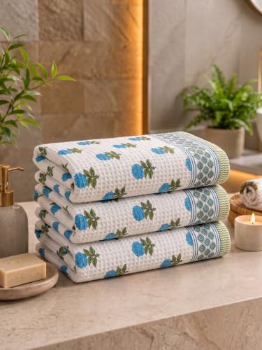 Image of Mafatlal Madhuban 250 GSM Large Waffle Cotton Bath Towels Pack of 3 | 147 x 76 cm | Lightweight | Quick Dry Shower Towels | Royal Blue
