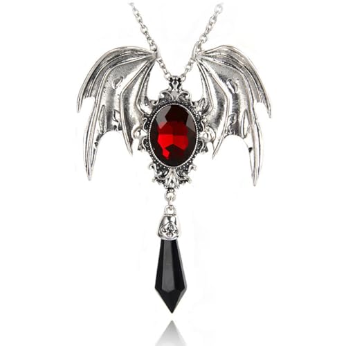 Gothic Large Bat Pendant Necklace Red Black Vintage Crystal Bat Pendant Punk Witch Vampire Role Playing Character Halloween Jewelry Gift