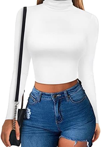 MSBASIC White Long Sleeve Shirts for Women Basic Turtleneck Crop Shirts for Women((White,M)