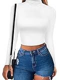MSBASIC White Long Sleeve Shirts for Women Basic Turtleneck Crop Shirts for Women((White,M)