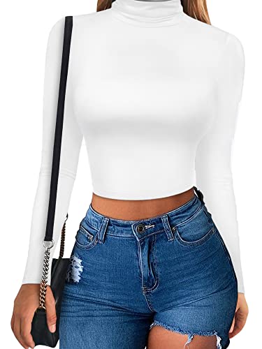 Msbasic White Long Sleeve Shirts For Women Basic Turtleneck Crop Shirts For Women((White,M) #TOP2