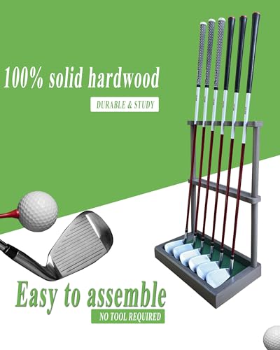 Image of Golf Club Rack Stand, Solid Wood Golf Club & Putter Display Rack, Golf Club Organizer Holds Up to 6 Clubs with Ball Storage, Floor Rack for Indoor Golf Simulator, Office or Home