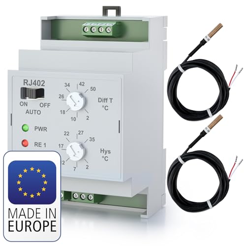 ELEKTROBOCK RJ402 Interrupteur différentiel de température | pour Pompe de Circulation et système Solaire - Rail DIN - avec 2 capteurs externes