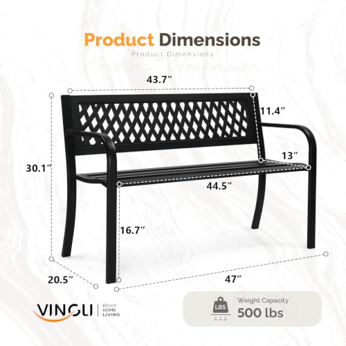Image of VINGLI 47'' Outdoor Bench, Weather Resistant Garden Patio Bench Powder Coated Iron Frame w /PVC Mesh Backrest Slatted Seat, 2-Person Outdoor Furniture for Front Porch Entryway Park (Black)