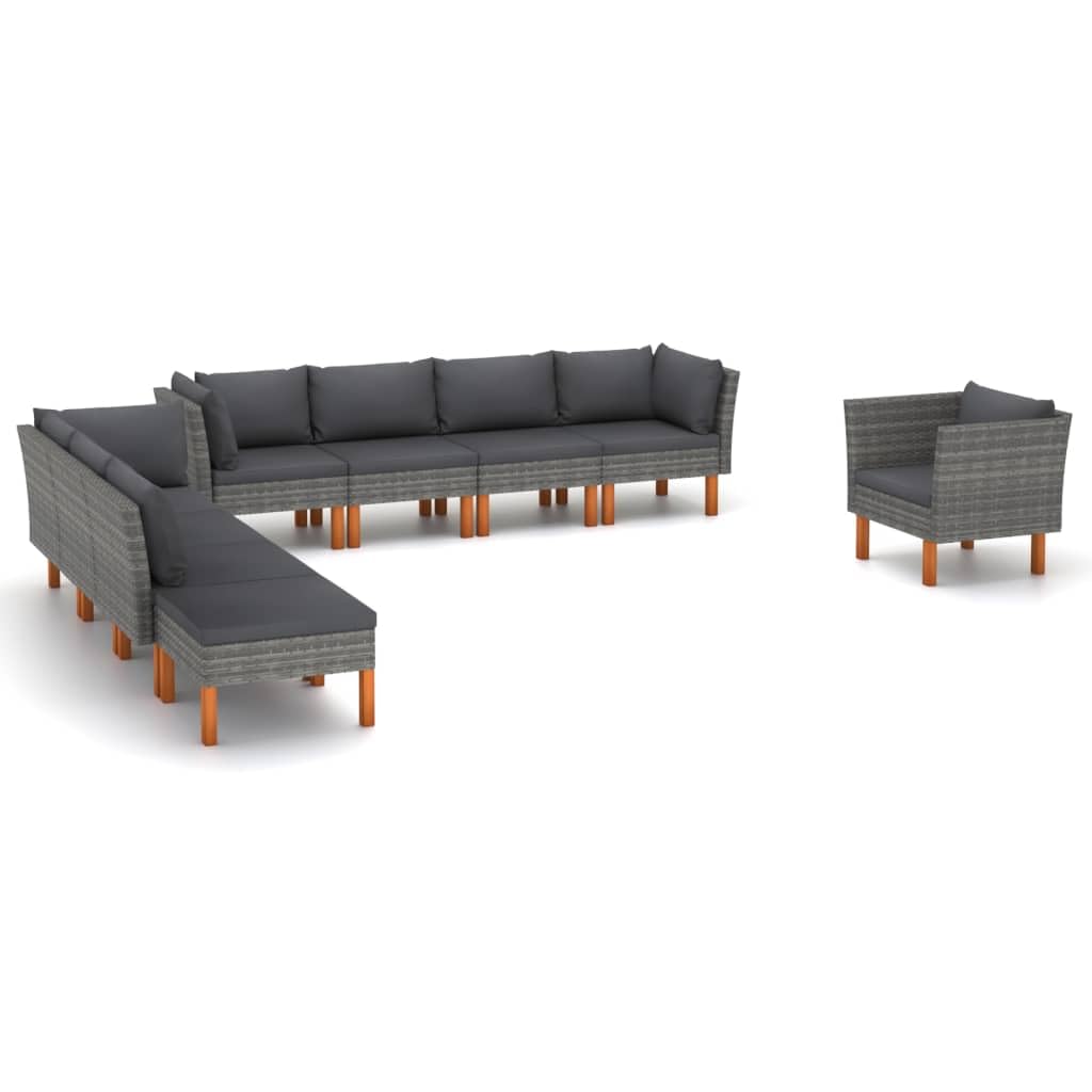Gartenmöbel-Set, 9-teilig, Polyrattan, Eukalyptus, Grau, Garten-Set, witterungsbeständig und kombinierbar, für Terrasse