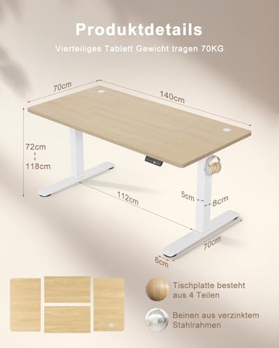 TRIUMPHKEY Höhenverstellbarer Schreibtisch 140x70, 18mm Tischplatte & USB-A – Ansicht 2