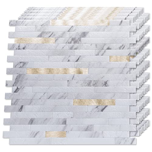 LONGKING 10 hojas de azulejos para despegar y pegar, azulejos de PVC para cocina, tocadores de baño, decoración de chimenea, mármol blanco intercalado con metal dorado Cover