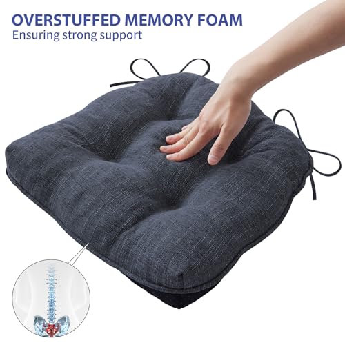 Chair Cushions for Dining Chairs Set of 4, Kitchen Chair Cushions, Chair Pads with Ties and Non Slip Backing, Tufted Memory Foam Seat Cushion 4 Pack, 15.5" x 15.5" x 4", Navy Blue