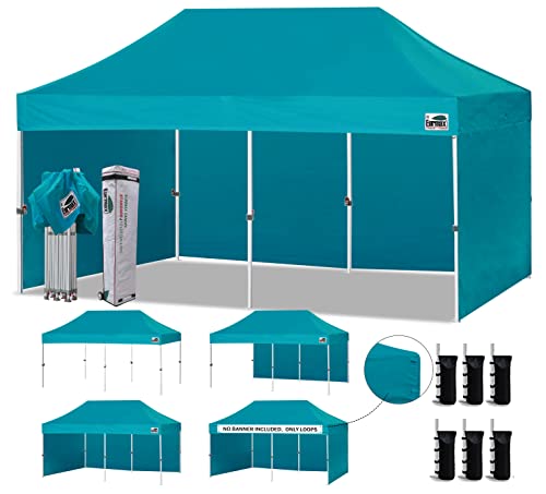 Image of Eurmax USA 10x20 Pop Up Canopy Tent,Commercial Tent with Patented No-Tip Rolling Bag,4 Zippered Removable Walls,UV & Water Resistant Canopy Top,Heavy Duty Outdoor Gazebo,Instant Shelter(Turquoise)