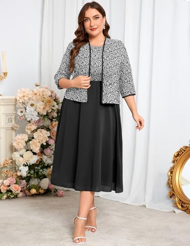 Image of ZOMVA Plus Size Sparkly Mother of The Bride Dresses with Jacket 2 Piece Chiffon A-Line Dress Wedding Guest Formal