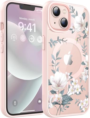 Image of VONZEE Compatible with iPhone 13 Case Luxury Retro Flowers Floral Clear for Magnetic Wireless Charging Case Shockproof Case PC+TPU Cute Glossy Shiny Cover for Girls Women, 6.1'' Pink