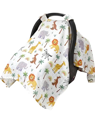 Image of Rquite Baby Boy Car Seat Cover, 100% Muslin Cotton Infant Carseat Canopy, Soft Breathable Stroller Sun Shade & Newborn Shower Gift, Large Size Universal Fit Summer, Hot & Warm Weather (Forest Animals)