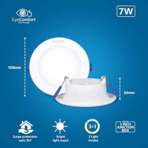 Philips StarFit 7-watt Round LED Downlighter | 3 Colors in 1 Concealed JB Downlight | Ceiling Light for Home | Cut Out: 3 inch, Color: Tunable White, Pack of 1-Polycarbonate