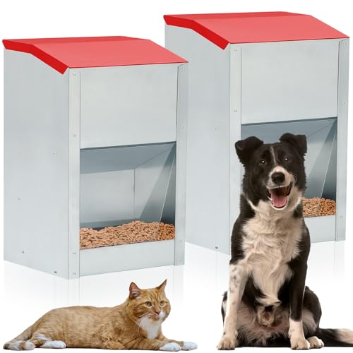Willinglong 2 Pcs 15 Lbs Large Automatic Dog Feeders with Handle Acrylic Panel Galvanized Gravity Feeder Outdoor Hanging for Doggie Breed Dog Food Dispenser Container(Red)