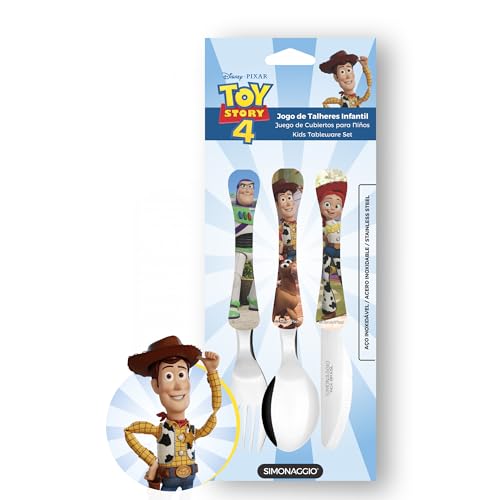 SIMONAGGIO Jogo de Talheres Infantil Disney Kids Toy Story - Kit de Talheres de Aço Inox Com Cabo Plástico Para Bebês - Multicor - 3 Peças
