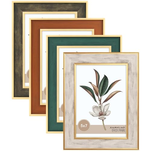 XUANLUO 5x7 inch Picture Frames Set of 4 Modern Style Frame with High Definition Tempered Glass Colorful Frames with Mat fit 4 by 6 Photo for Wall Mount and Tabletop Display Family Wedding Gift