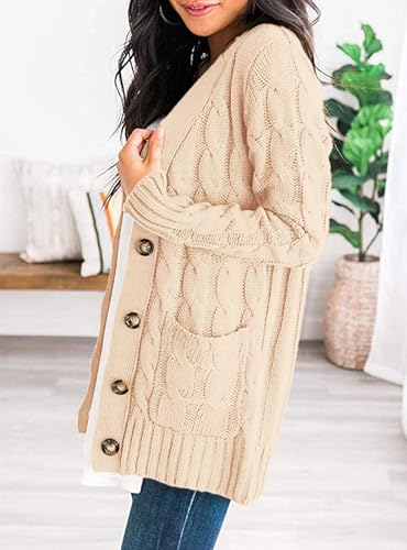 PRETTYGARDEN Women's Open Front Cardigan Sweaters Fall Fashion Button Down Cable Knit Chunky Winter Clothing Outerwear Coats (Beige,X-Large) - Thumbnail 4