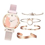  yotijar 5 Piezas/Juego de Relojes para Mujer, Juego de Pulsera de Oro Rosa, Relojes de Pulsera con Patrón de Gato - Rosado