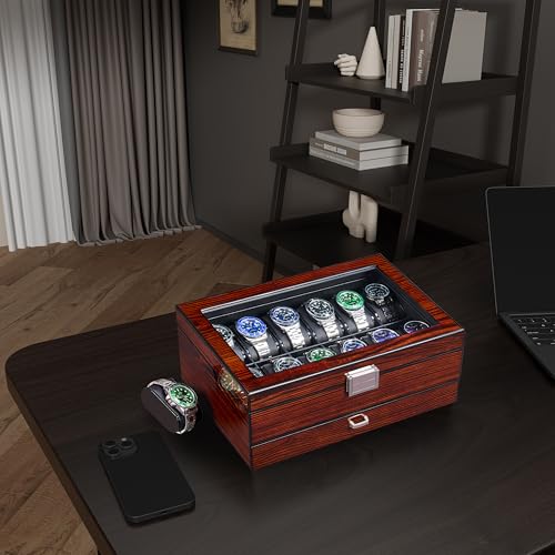 BEWISHOME High-End Watch Case, 12 Slot Watch Box with Valet Drawer, Luxury 2-Layer Watch Display Case for Jewelry, Wooden Watch Holder, Watch Organizer for Men Women Brown SSH02Y2