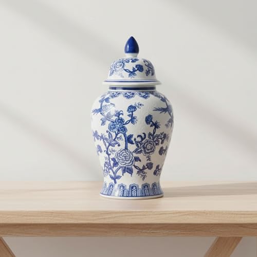 Decorative Ginger Jar for Home Decor – Ceramic Jar With Lid, Chinoiserie Pattern, Large Tabletop Accent for Living Room or Entry Shelf Display, Stylish Centerpiece Decor – 18