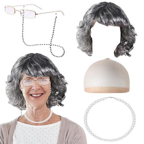 GWAWG 4pcs Old Lady Costume Set, Grand-mère Perruque Cap Granny Pearl Collier Bracelet Cane pearl colliers, Grand-mère robe fantaisie costume pour Noël Halloween Journée mondiale du livre