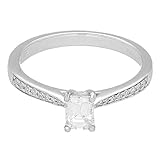 NEW 18Ct White Gold 0.33ct Emerald Cut Diamond Solitaire & Accents Ring (Size M)