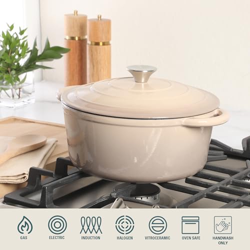 Image of Gibson Home Addlestone 5 Qt Enameled Cast Iron Dutch Oven Pot with Lid - Round, Oven Safe to 500F, Ideal for Bread Baking & Stews - Gradient Taupe