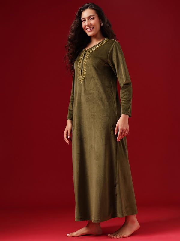 Image of Clovia Women's Velour Long Nighty - Green