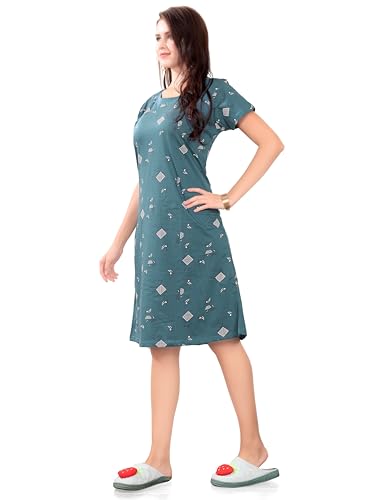 Image of Printed Knee Length Pocket Night Dresses for Women | Cat Lovers | Premium Soft Cotton Nighty | Sky Blue