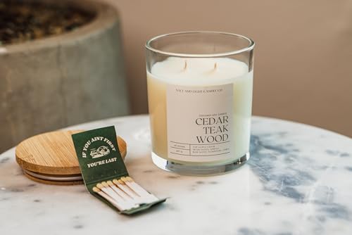 Cedar Teakwood Luxury Scented Candle - Hand Poured Coconut Soy Wax - 60 Hour Clean Burn - Eco-Friendly Gift Box - 14 oz Artisan Candle - Image 7