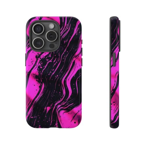 Coque iPhone 15 Pro motif abstrait rose fluo et noir rigide brillante